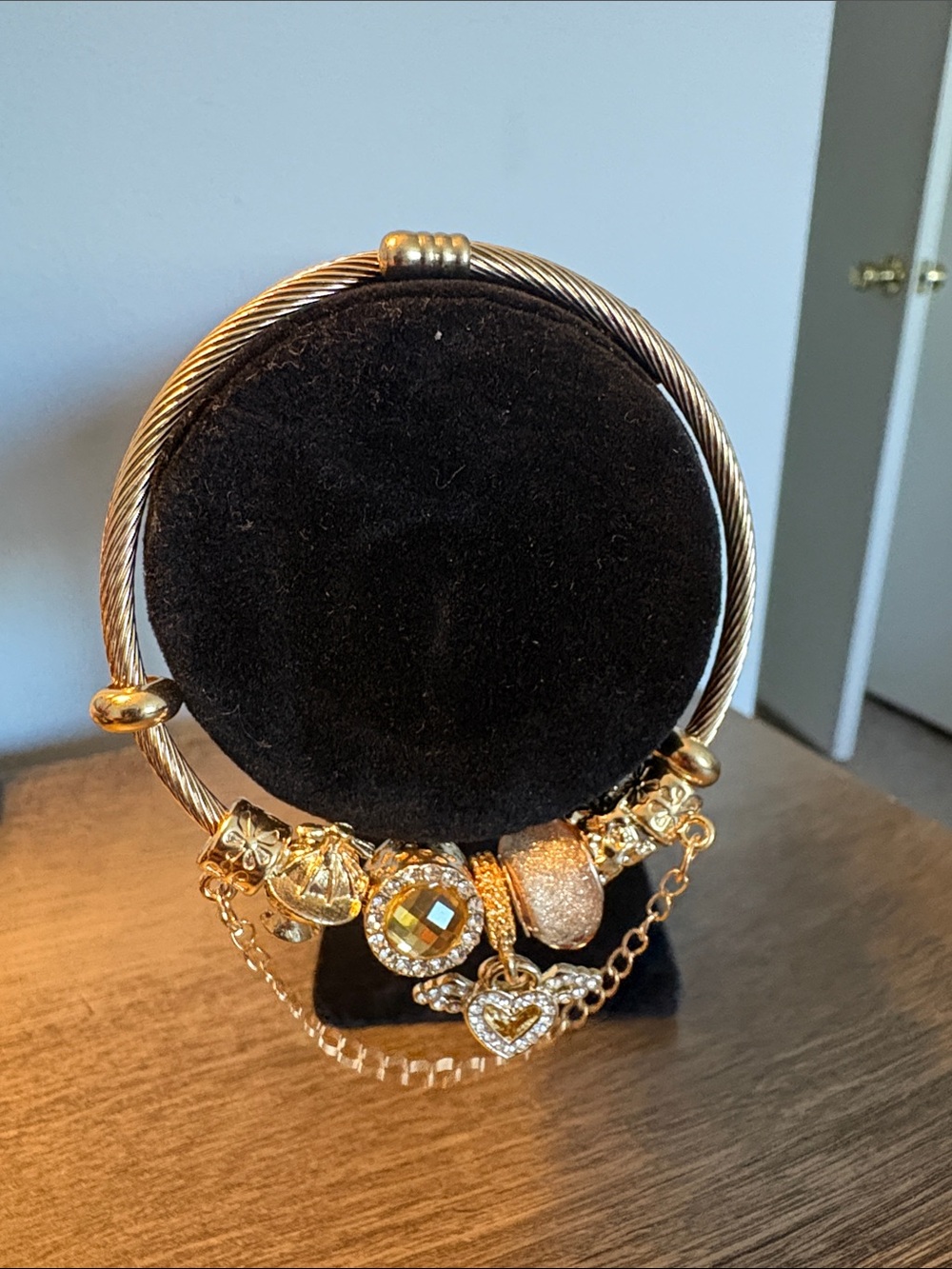 Gold-Tone Charm Bangle Bracelet with Heart and Crystal Accents